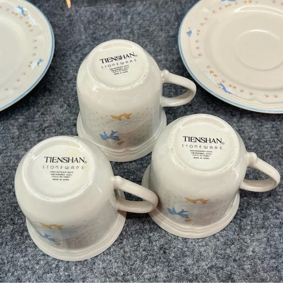 Aunt Rhody Blue Bow Country Goose Cup & Saucer Set of 3 Tienshan Stoneware - Picture 5 of 11